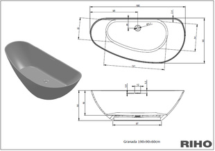 RIHO: Vana volně stojící GRANADA levá 190x90 SOLID SURFACE