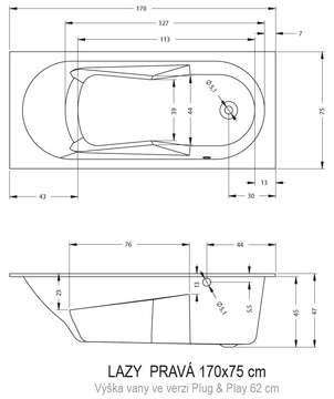 Vana s panely LAZY 170x75 PLUG&PLAY BACK2WALL, Pravá